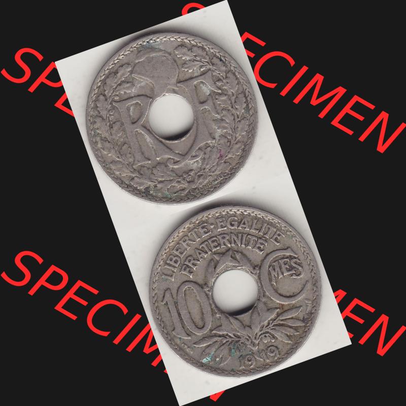 Münzen Frankreich Umlaufmünze Vollansicht 1917-1938, 10 Centimes, 10 CMES EGALITÉ FRATERNITÉ LIBERTÉ 1919-2. Vorderseite und Rückseite vertikal auf... Sammlung