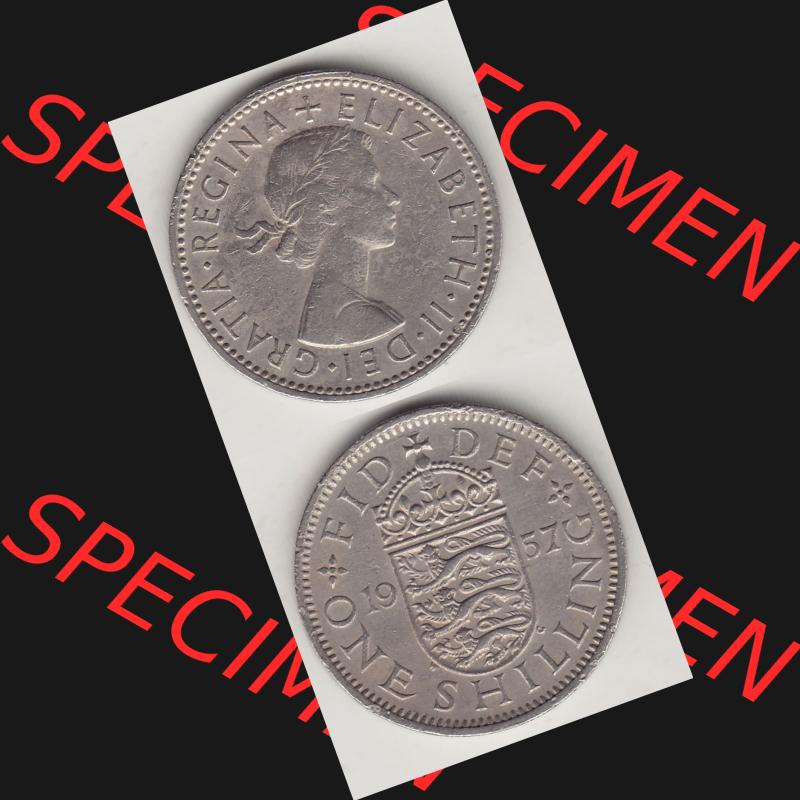 Münzen Großbritannien Umlaufmünze 1954-1970, 1 Schilling - Shilling, 1957-1 Wappen mit drei Löwen. Vorderseite und Rückseite vertikal untereinander auf einen... Sammlung