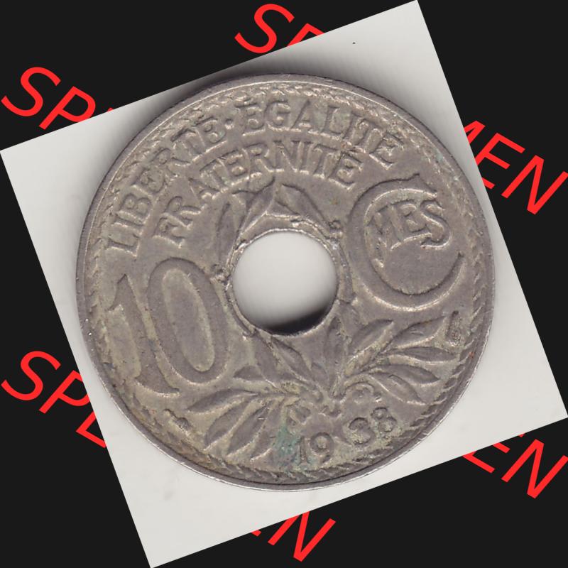 Münzen Frankreich Umlaufmünze 1917-1938, 10 Centimes - Cmes 1938-2. Rückseite der alten französischen Umlaufmünze 10 Cmes - Centimes - Cent aus Frankreich in der Francs-Währung... Sammlung
