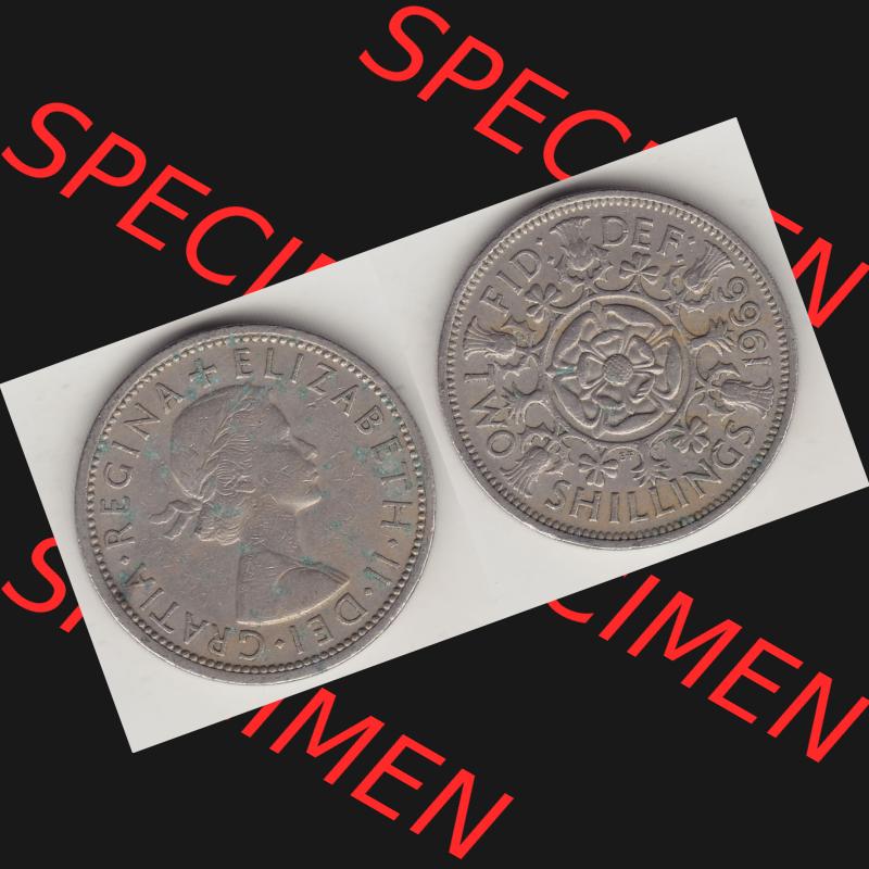 Münzen Großbritannien Umlaufmünze 1954-1970, 2 Schilling - Shillings 1966-5. Vorderseite und Rückseite horizontal auf einen digitalen Bild der alten britischen Münze... Sammlung