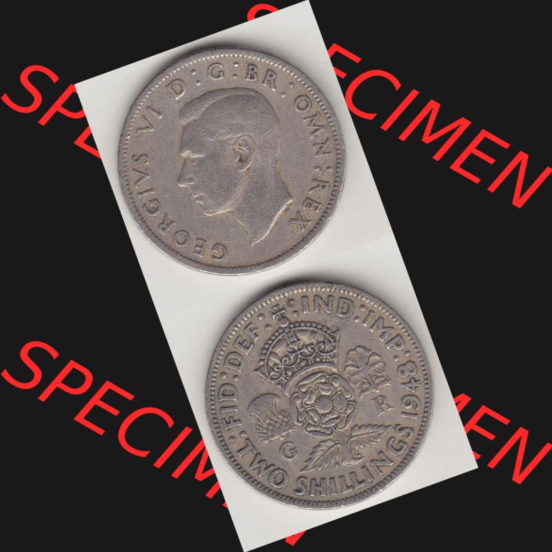 Münzen Großbritannien Umlaufmünze 1947-1948, 2 Schilling - Shillings 1949-2. Vorderseite und Rückseite vertikal untereinander auf einen digitalen Bild der alten britischen... Sammlung