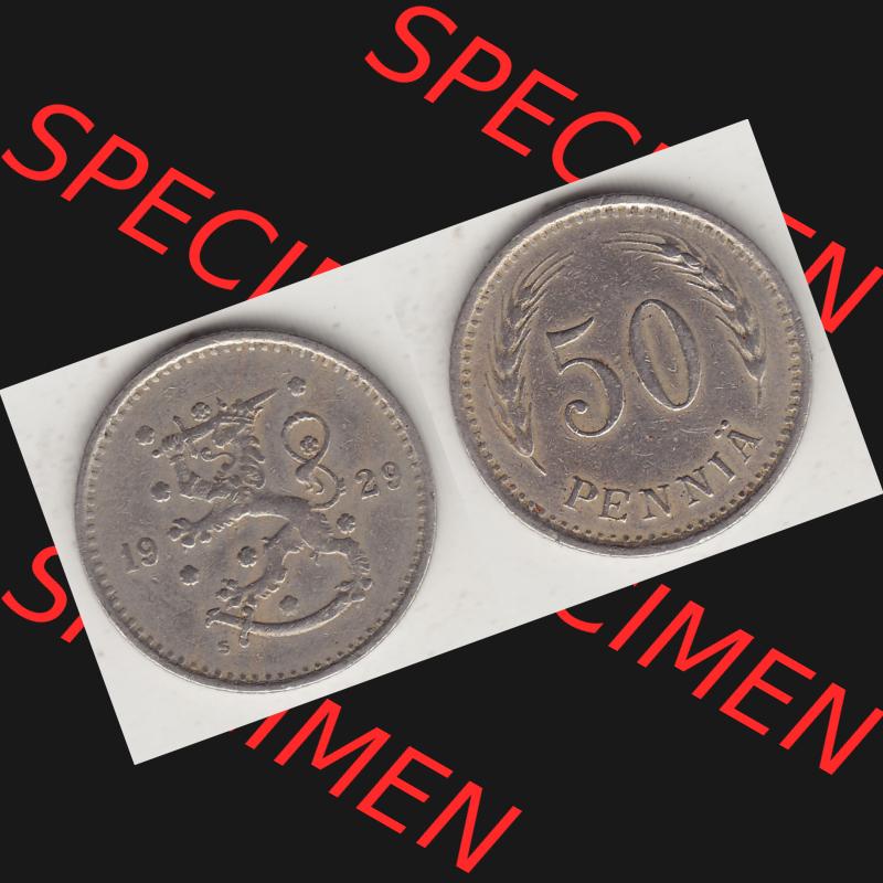 Alte Münzen KMS Finnland, Kursmünzensatz 1921-1940, 50 Penny, Penniä 1929. Digitales Bild / Bildmaterial mit Vorderseite und Rückseite einer Münze... Sammlung