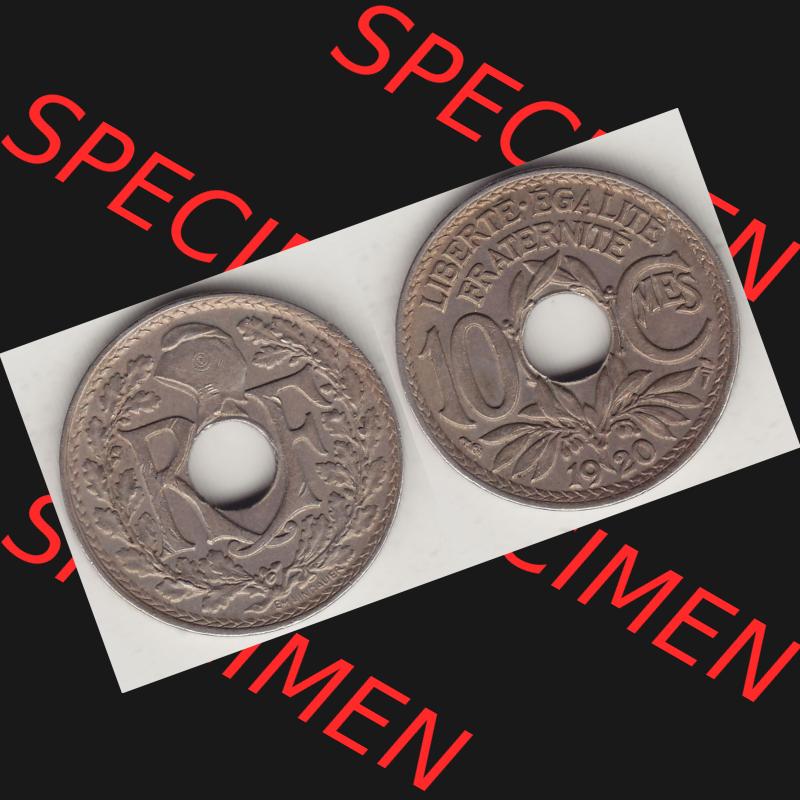 Münzen Frankreich Umlaufmünze Vollansicht 1917-1938, 10 Centimes, 10 CMES EGALITÉ FRATERNITÉ LIBERTÉ 1920-1. Vorderseite und Rückseite horizontal... Sammlung