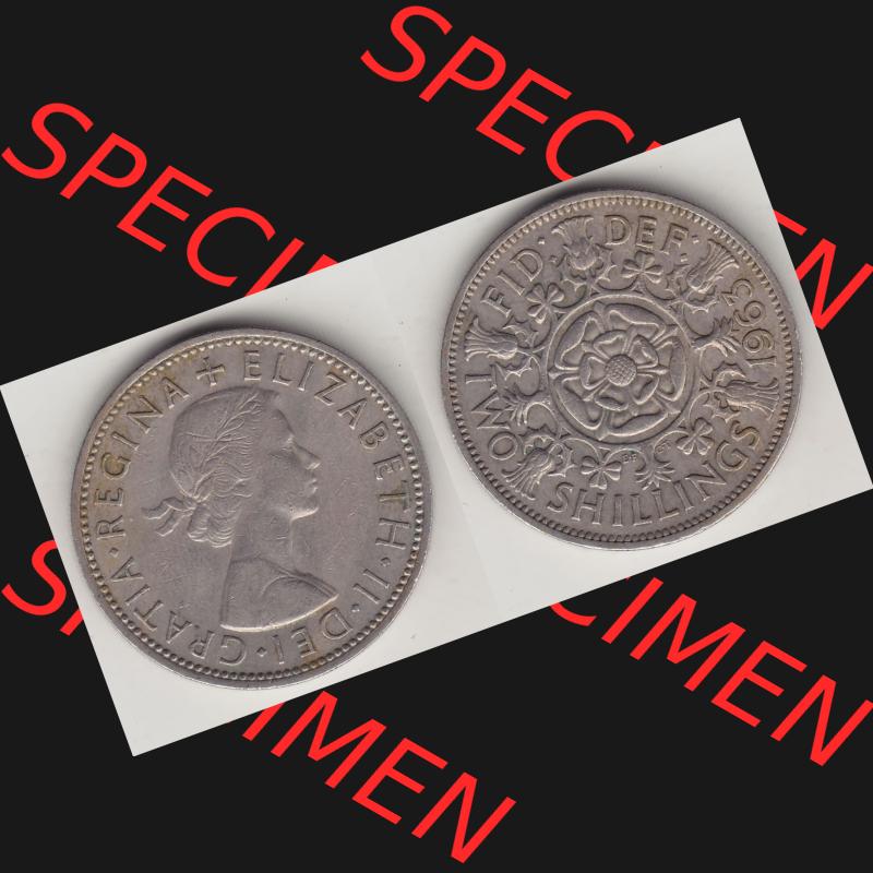 Münzen Großbritannien Umlaufmünze 1954-1970, 2 Schilling - Shillings 1963-1. Vorderseite und Rückseite horizontal auf einen digitalen Bild der alten britischen Münze... Sammlung