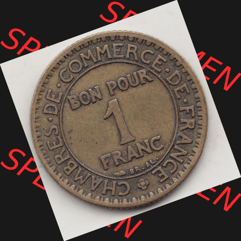 Münzen Frankreich Umlaufmünze 1922-1927, 1 Franken, BON POUR One Franc, 1922-1 CHAMBRES DE COMMERCE DE FRANCE. Rückseite der alten französischen Umlaufmünze... Sammlung