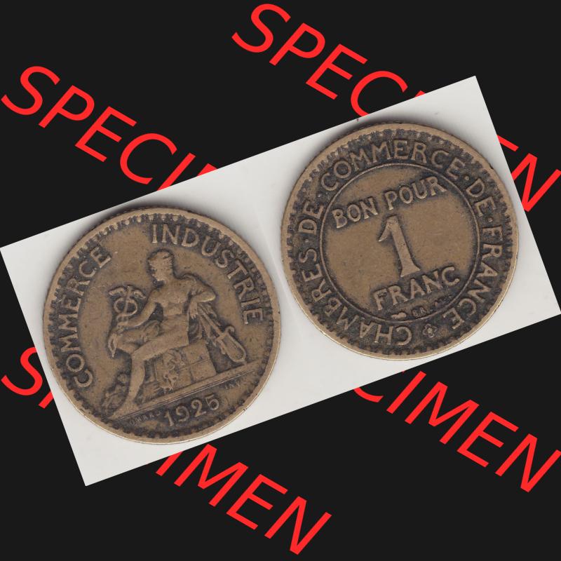 Münzen Frankreich Umlaufmünze 1920-1927, 1 Franken BON POUR 1 FRANC 1925. Vorderseite und Rückseite horizontal auf einen digitalen Bild der alten französischen Umlaufmünze... Sammlung