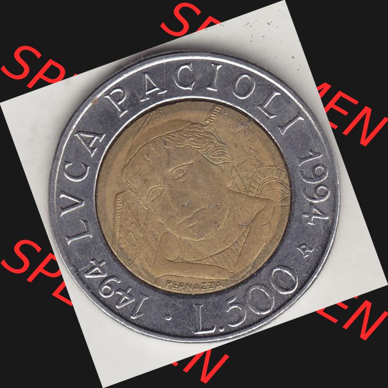 Bildmaterial von Münzen aus Italien / Italia Gedenkmünzen 1994-1994, 500 Lire, 500. Geburtstag von Luca Pacioli (1494-1994)-1. Rückseite einer alten... Sammlung