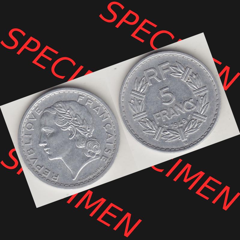 Alte Münzen KMS Frankreich, aus Kursmünzensatz-Zusammenstellung der Jahre 1917-1952, mit der Münze 1945-1952, 5 Franken, Francs 1949-1. Vorderseite und Rückseite... Sammlung