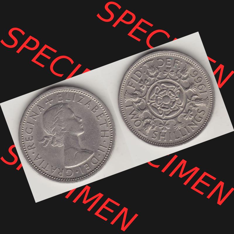 Münzen Großbritannien Umlaufmünze 1954-1970, 2 Schilling - Shillings 1966-1. Vorderseite und Rückseite horizontal auf einen digitalen Bild der alten britischen Münze... Sammlung