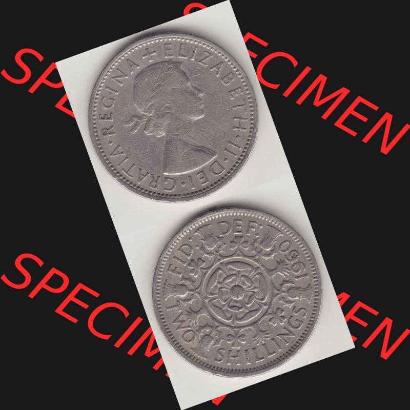 Münzen Großbritannien Umlaufmünze 1954-1970, 2 Schilling - Shillings 1960-1. Vorderseite und Rückseite vertikal untereinander auf einen digitalen Bild der alten britischen... Sammlung