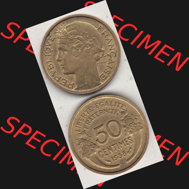 Alte Münzen KMS Frankreich, aus Kursmünzensatz-Zusammenstellung der Jahre 1917-1952, mit der Münze 1931-1947, 50 Centimes, 1938-1. Vorderseite und Rückseite... Sammlung