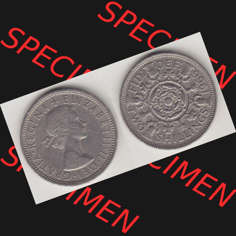 Münzen Großbritannien Umlaufmünze 1954-1970, 2 Schilling - Shillings 1966-4. Vorderseite und Rückseite horizontal auf einen digitalen Bild der alten britischen Münze... Sammlung
