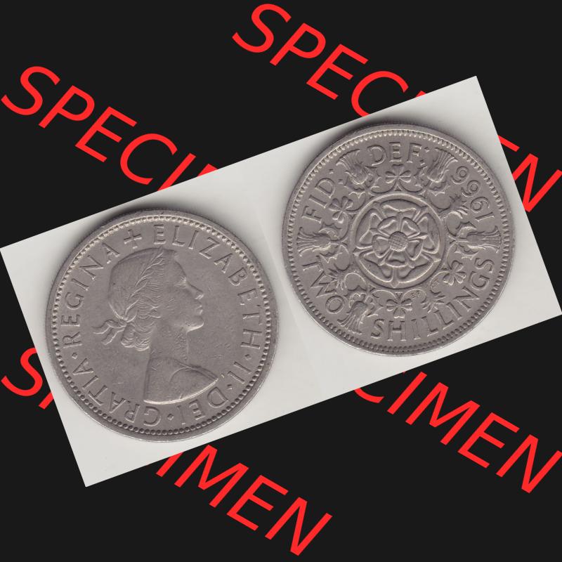Münzen Großbritannien Umlaufmünze 1954-1970, 2 Schilling - Shillings 1966-7. Vorderseite und Rückseite horizontal auf einen digitalen Bild der alten britischen Münze... Sammlung