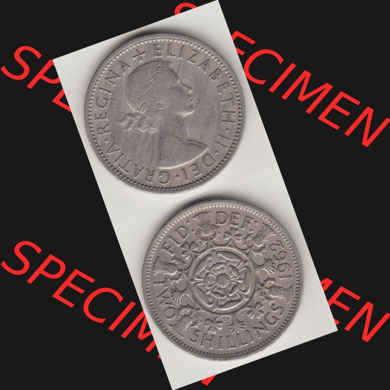 Münzen Großbritannien Umlaufmünze 1954-1970, 2 Schilling - Shillings 1962-1. Vorderseite und Rückseite vertikal untereinander auf einen digitalen Bild der alten britischen... Sammlung