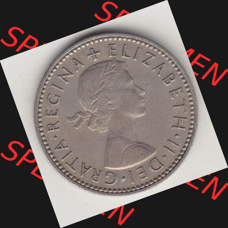 Münzen Großbritannien Umlaufmünze 1954-1970, 1 Schilling - Shilling, 1957-1 Wappen mit einen Löwen. Vorderseite der alten britischen Münze aus Großbritannien... Sammlung