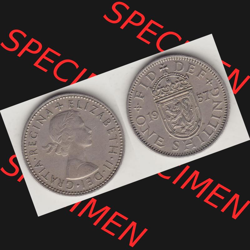 Münzen Großbritannien Umlaufmünze 1954-1970, 1 Schilling - Shilling, 1957-1 Wappen mit einen Löwen. Vorderseite und Rückseite horizontal auf einen digitalen... Sammlung