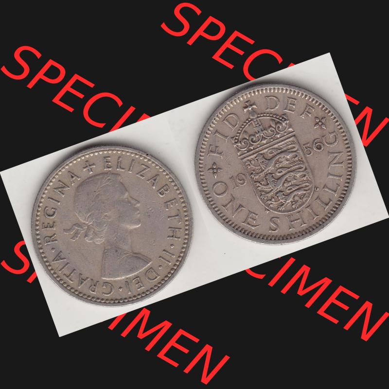 Münzen Großbritannien Umlaufmünze 1954-1970, 1 Schilling - Shilling, 1956-1 Wappen mit 3 Löwen. Vorderseite und Rückseite horizontal auf einen digitalen Bild... Sammlung