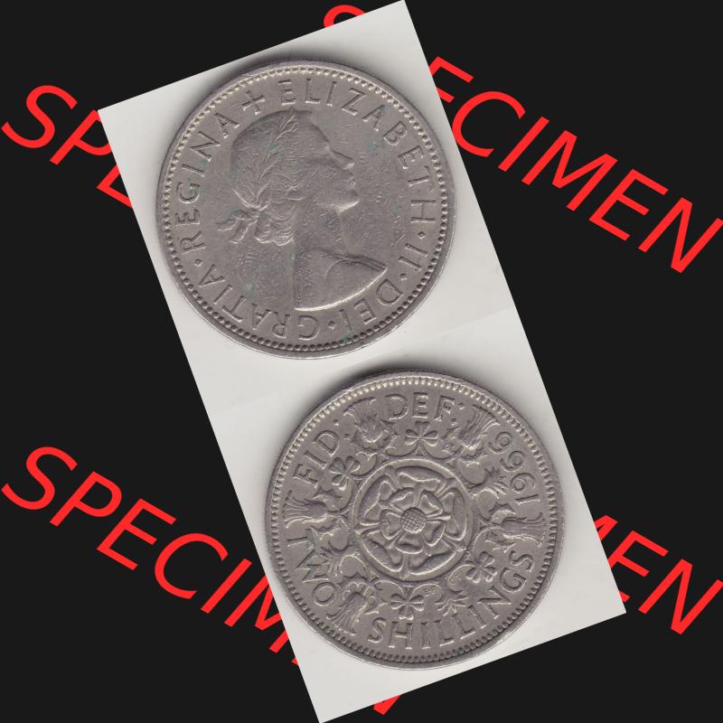 Münzen Großbritannien Umlaufmünze 1954-1970, 2 Schilling - Shillings 1966-3. Vorderseite und Rückseite vertikal untereinander auf einen digitalen Bild der alten britischen... Sammlung