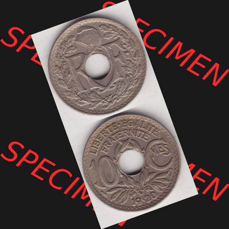 Münzen Frankreich Umlaufmünze Vollansicht 1917-1938, 10 Centimes, 10 CMES EGALITÉ FRATERNITÉ LIBERTÉ 1920-1. Vorderseite und Rückseite vertikal auf... Sammlung