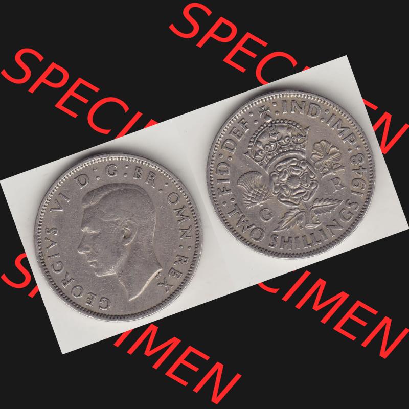 Münzen Großbritannien Umlaufmünze 1947-1948, 2 Schilling - Shillings 1948-1. Vorderseite und Rückseite horizontal auf einen digitalen Bild der alten britischen Münze... Sammlung