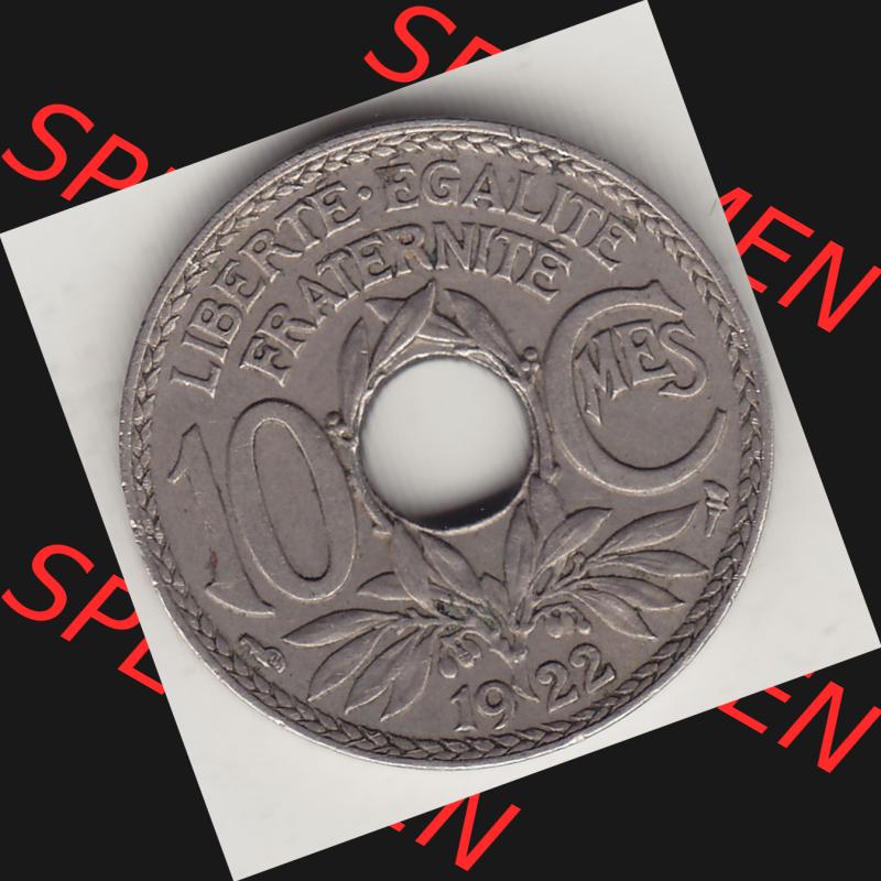 Münzen Frankreich Umlaufmünze Einzelansicht 1917-1938, 10 Centimes, RF - Frankreich 10 CMES EGALITÉ FRATERNITÉ LIBERTÉ 1922-1. Rückseite der alten... Sammlung