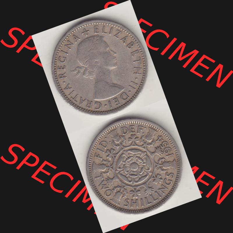 Münzen Großbritannien Umlaufmünze 1954-1970, 2 Schilling - Shillings 1954-1. Vorderseite und Rückseite vertikal untereinander auf einen digitalen Bild der alten britischen... Sammlung