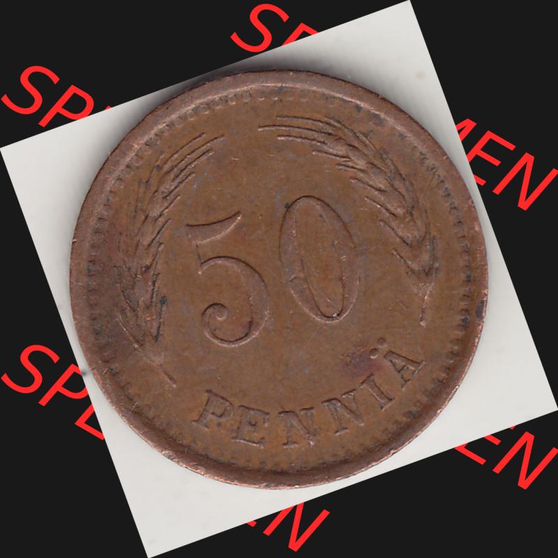 Alte Münzen KMS Finnland, Kursmünzensatz 1940-1943, 50 Penny, Penniä, Kupfer 1941-1. Rückseite mit Wert-Zahl bzw. Nennwert einer Münze aus... Sammlung