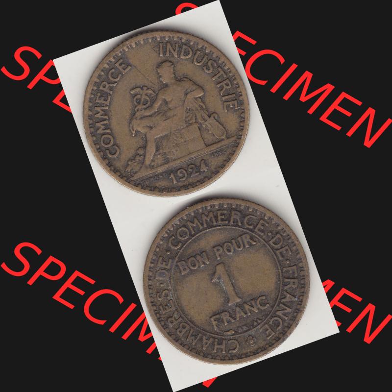 Münzen Frankreich Umlaufmünze 1920-1927, 1 Franken BON POUR 1 FRANC 1924-1. Vorderseite und Rückseite vertikal auf einen digitalen Bild der alten französischen Umlaufmünze... Sammlung
