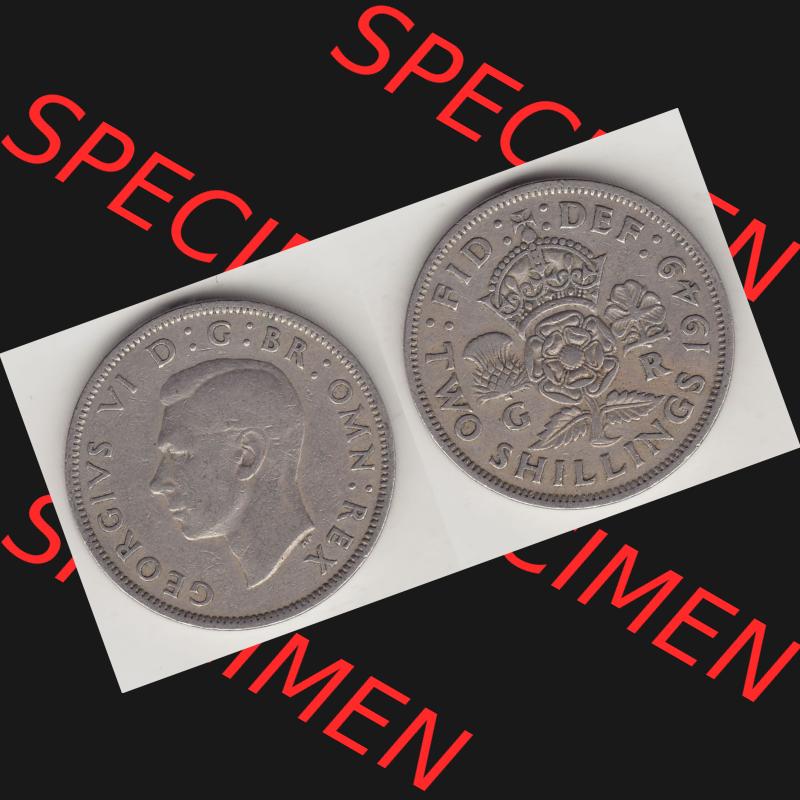 Münzen Großbritannien Umlaufmünze 1949-1951, 2 Schilling - Shillings 1949-1. Vorderseite und Rückseite horizontal auf einen digitalen Bild der alten britischen Münze... Sammlung