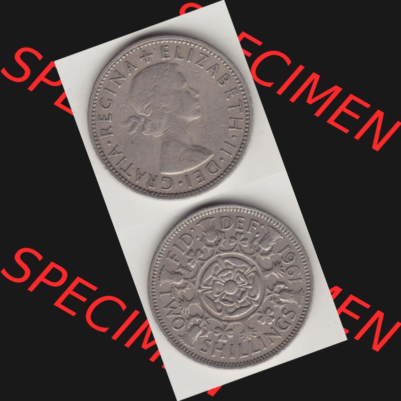 Münzen Großbritannien Umlaufmünze 1954-1970, 2 Schilling - Shillings 1961-1. Vorderseite und Rückseite vertikal untereinander auf einen digitalen Bild der alten britischen... Sammlung
