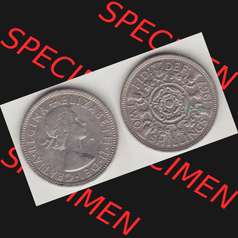 Münzen Großbritannien Umlaufmünze 1954-1970, 2 Schilling - Shillings 1967-1. Vorderseite und Rückseite horizontal auf einen digitalen Bild der alten britischen Münze... Sammlung