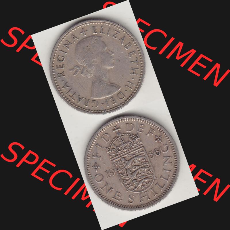 Münzen Großbritannien Umlaufmünze 1954-1970, 1 Schilling - Shilling, 1956-1 Wappen mit 3 Löwen. Vorderseite und Rückseite vertikal untereinander auf einen digitalen... Sammlung