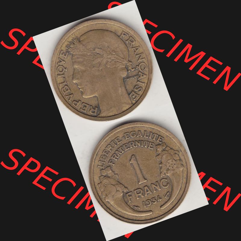 Münzen Frankreich Umlaufmünze 1931-1941, 1 Franken, 1 Franc, 1934-1 LIBERTE EGALITE FRATERNITE. Vorderseite und Rückseite vertikal auf einen digitalen Bild der alten... Sammlung