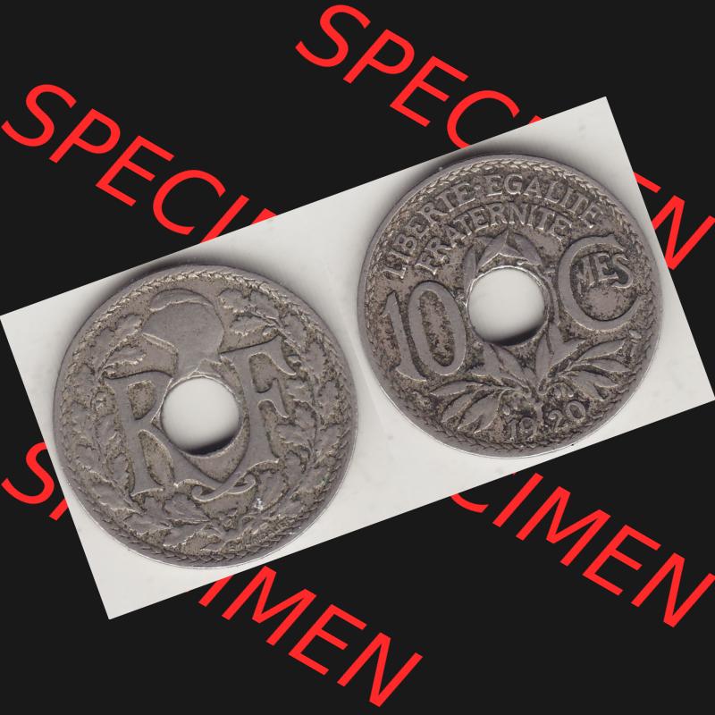 Münzen Frankreich Umlaufmünze Vollansicht 1917-1938, 10 Centimes, 10 CMES EGALITÉ FRATERNITÉ LIBERTÉ 1920-1. Beidseitiges Bildmaterial einer Umlaufmünze... Sammlung