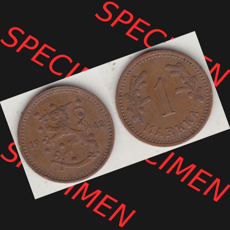 Alte Münzen KMS Finnland, Kursmünzensatz 1940-1951, 1 finnische Mark, Markka, Kupfer 1942-1. Digitales Bild / Bildmaterial mit Vorderseite und Rückseite... Sammlung