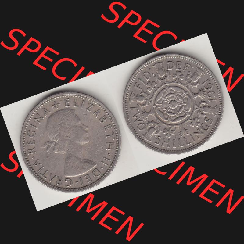 Münzen Großbritannien Umlaufmünze 1954-1970, 2 Schilling - Shillings 1961-1. Vorderseite und Rückseite horizontal auf einen digitalen Bild der alten britischen Münze... Sammlung