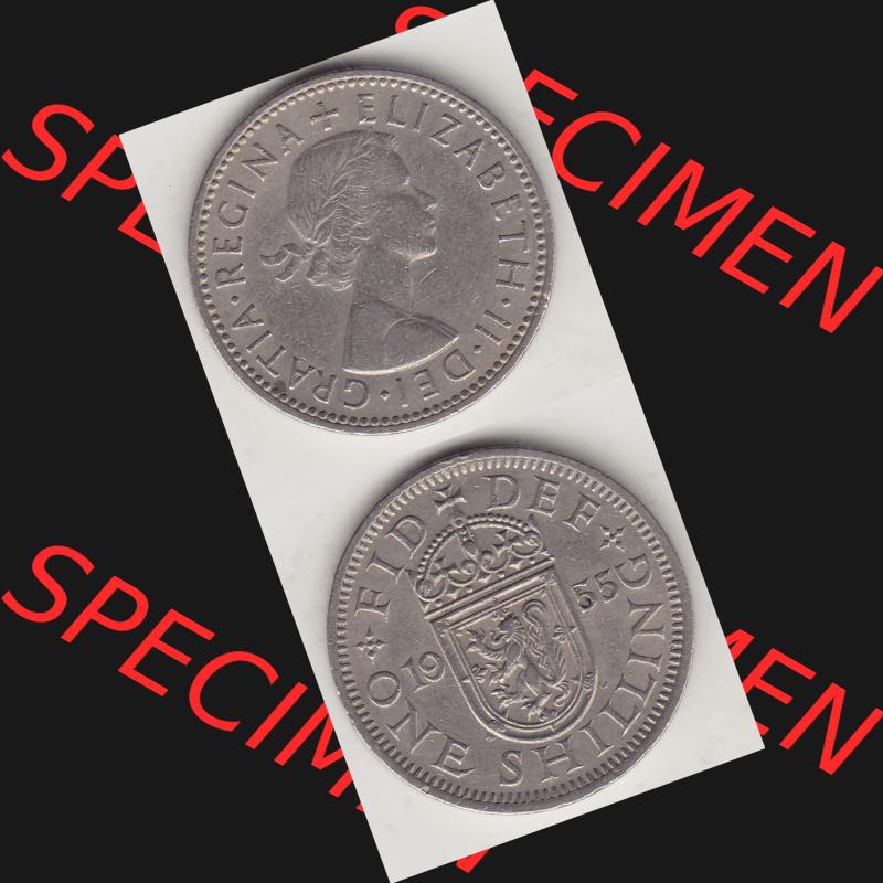 Münzen Großbritannien Umlaufmünze 1954-1970, 1 Schilling - One Shilling, 1955-1 Wappen mit einen Löwen. Vorderseite und Rückseite vertikal untereinander auf... Sammlung