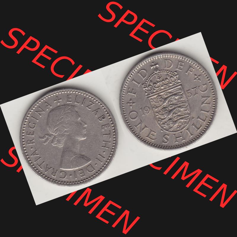 Münzen Großbritannien Umlaufmünze 1954-1970, 1 Schilling - Shilling, 1957-2 Wappen mit 3 Löwen. Vorderseite und Rückseite horizontal auf einen digitalen Bild... Sammlung