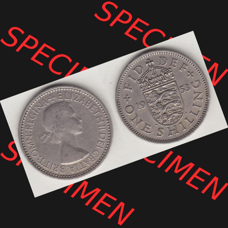 Münzen Großbritannien Umlaufmünze 1954-1970, 1 Schilling - Shilling, 1953-1 Wappen mit drei Löwen. Vorderseite und Rückseite horizontal auf einen digitalen... Sammlung