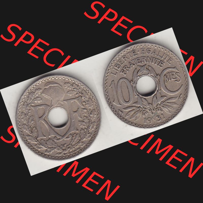 Münzen Frankreich Umlaufmünze Vollansicht 1917-1938, 10 Centimes, 10 CMES EGALITÉ FRATERNITÉ LIBERTÉ 1931-1. Vorderseite und Rückseite horizontal... Sammlung
