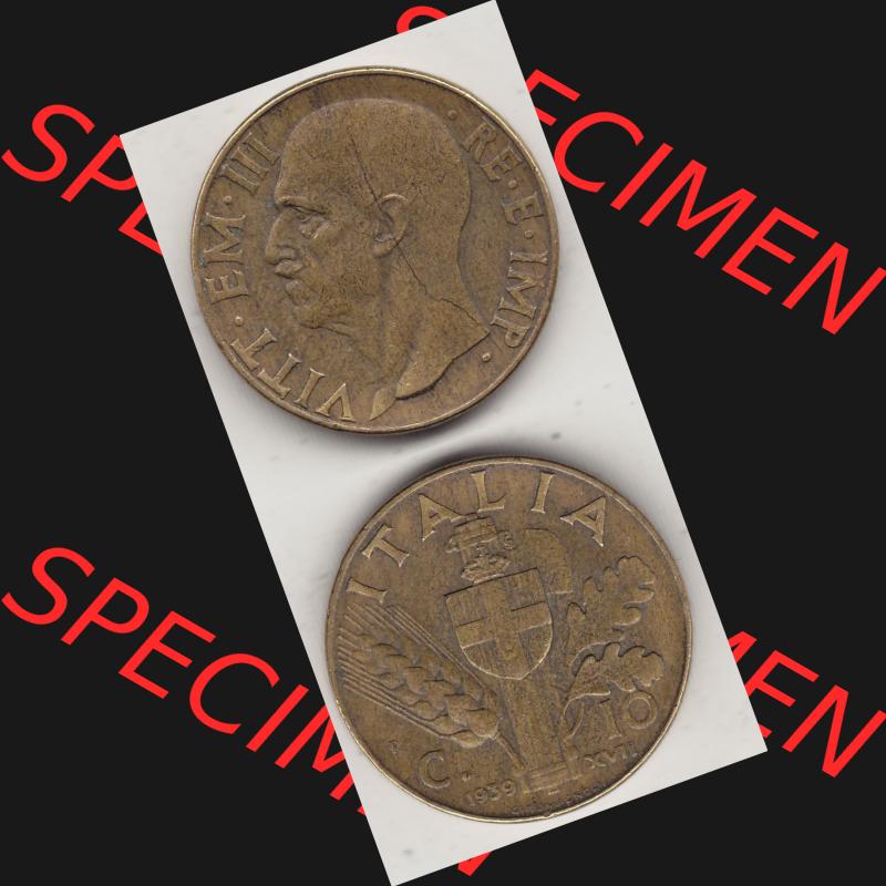 Alte Münzen KMS Italien / Italia, Kursmünzensatz - Zusammenstellung 1908-1943, mit Münze 1939-1943, 10 Centesimi, Cent, Viktor Emanuel III. VITT... Sammlung