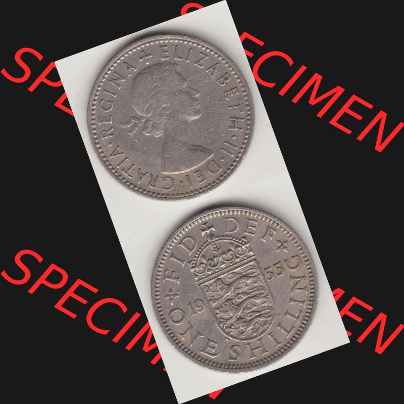 Münzen Großbritannien Umlaufmünze 1954-1970, 1 Schilling - Shilling, 1955-2 Wappen mit drei Löwen. Vorderseite und Rückseite vertikal untereinander auf einen... Sammlung