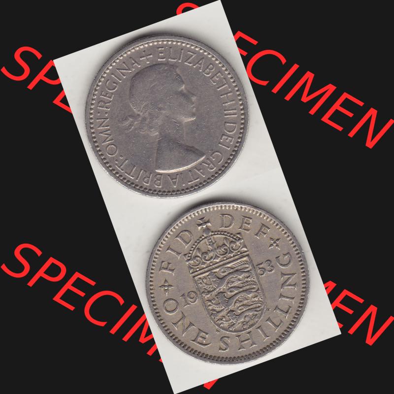 Münzen Großbritannien Umlaufmünze 1954-1970, 1 Schilling - One Shilling, 1953-1 Wappen mit drei Löwen. Vorderseite und Rückseite vertikal untereinander auf... Sammlung