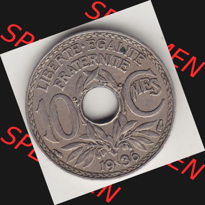 Münzen Frankreich Umlaufmünze 1917-1938, 10 Centimes - Cmes 1936. Rückseite der alten französischen Umlaufmünze 10 Cmes - Centimes - Cent aus Frankreich in der Francs-Währung... Sammlung