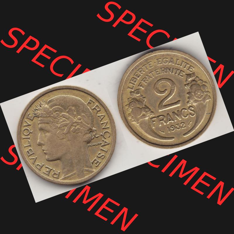 Alte Münzen KMS Frankreich, aus Kursmünzensatz-Zusammenstellung der Jahre 1917-1952, mit der Münze 1931-1941, 2 Franken, Francs, 1932-1. Vorderseite... Sammlung