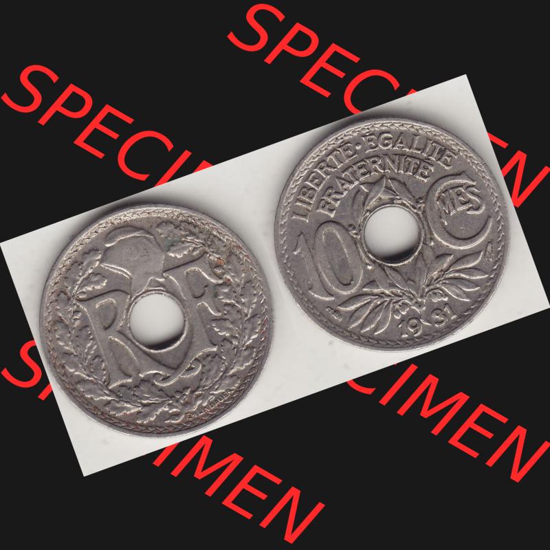 Münzen Frankreich Umlaufmünze Vollansicht 1917-1938, 10 Centimes, 10 CMES EGALITÉ FRATERNITÉ LIBERTÉ 1931-2. Vorderseite und Rückseite horizontal... Sammlung