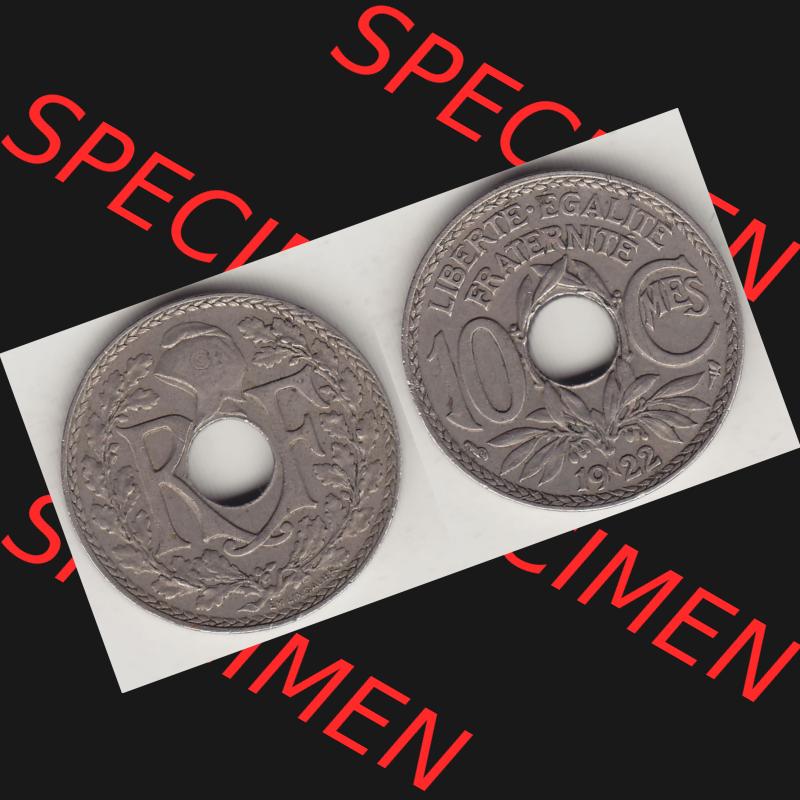 Münzen Frankreich Umlaufmünze Vollansicht 1917-1938, 10 Centimes, RF - Frankreich 10 CMES EGALITÉ FRATERNITÉ LIBERTÉ 1922-1. Vorderseite und Rückseite... Sammlung