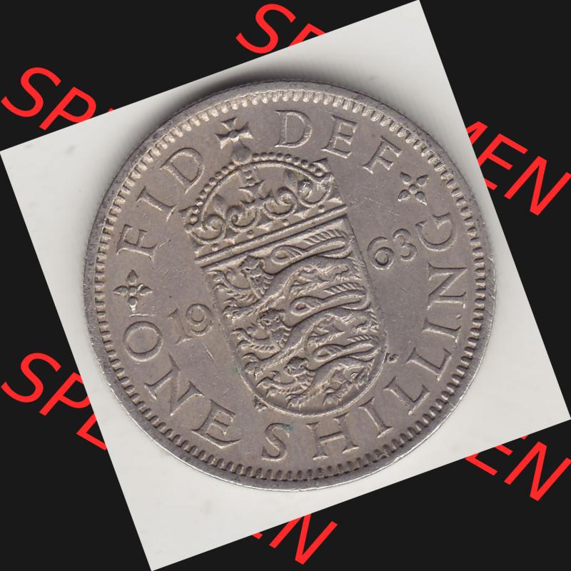 Münzen Großbritannien Umlaufmünze 1954-1970, 1 Schilling - Shilling, 1963-1 Wappen mit drei Löwen. Rückseite der alten britischen Münze aus Großbritannien... Sammlung