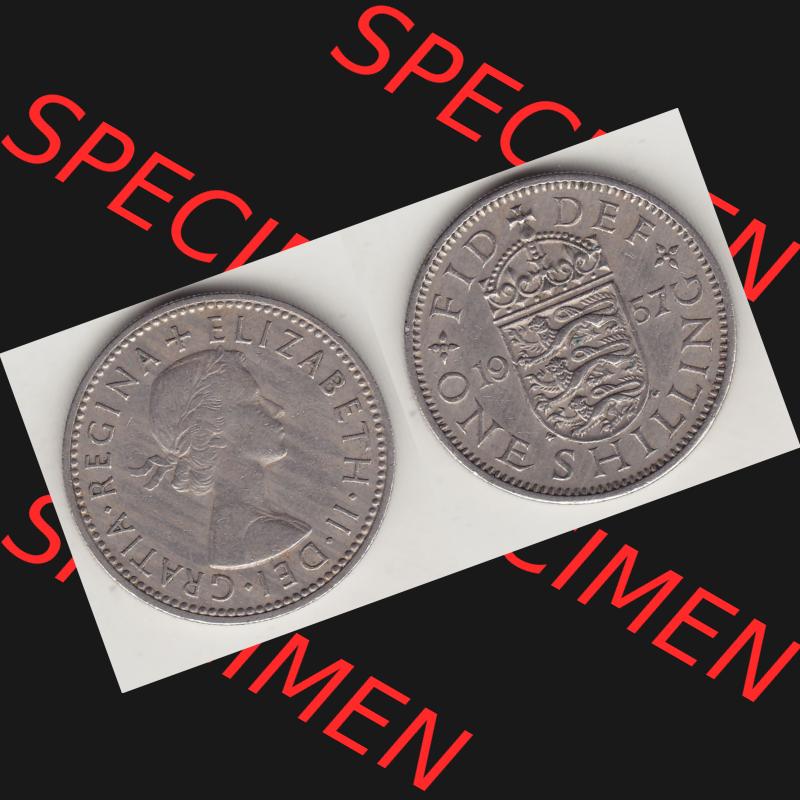 Münzen Großbritannien Umlaufmünze 1954-1970, 1 Schilling - Shilling, 1957-1 Wappen mit 3 Löwen. Vorderseite und Rückseite horizontal auf einen digitalen Bild... Sammlung