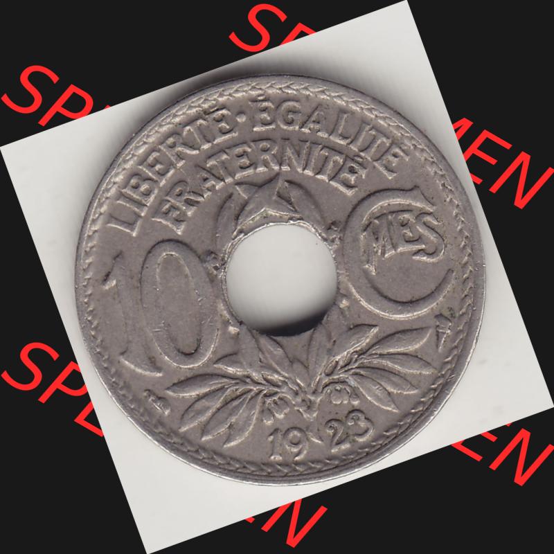 Münzen Frankreich Umlaufmünze 1917-1938, 10 Centimes, 10 CMES EGALITÉ FRATERNITÉ LIBERTÉ 1923-1. Digitales Bild der Rückseite mit Wertzahl / Nennwert... Sammlung